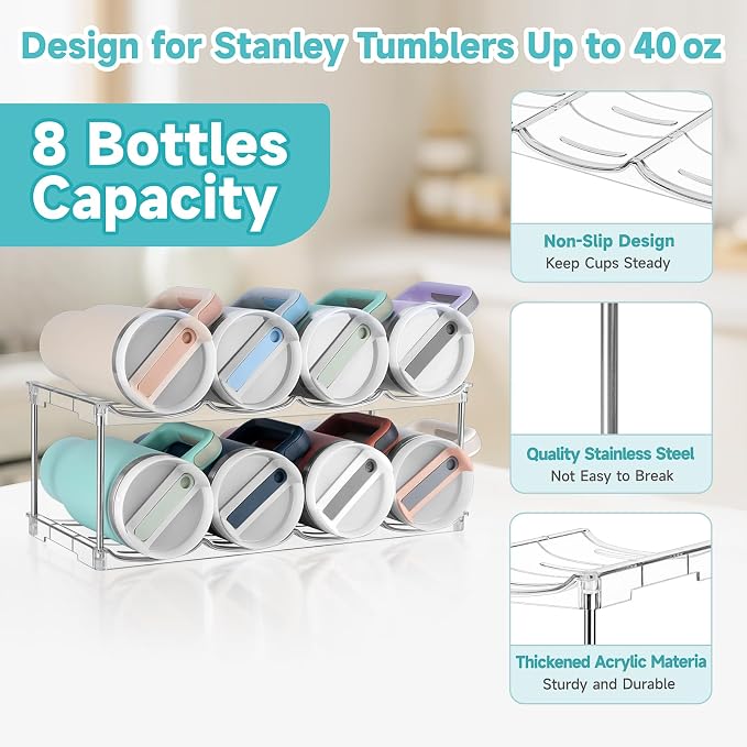 spospo Stackable Water Bottle Organizer Large Compartment Bottle Holder | Tumbler Organizer for Stanley 40 oz Cup, Kitchen Cabinet Storage Organizer for Stanley Cup Accessories, 2 Tier Hold 8 Bottle