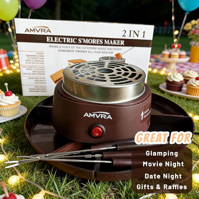 AMVRA Indoor Electric S'Mores Maker Smores Kit with 4 Stainless Steel Marshmallow Roasting Sticks and 4 Trays for Graham Crackers, Chocolate, and Marshmallows - Movie Night Supplies - Brown