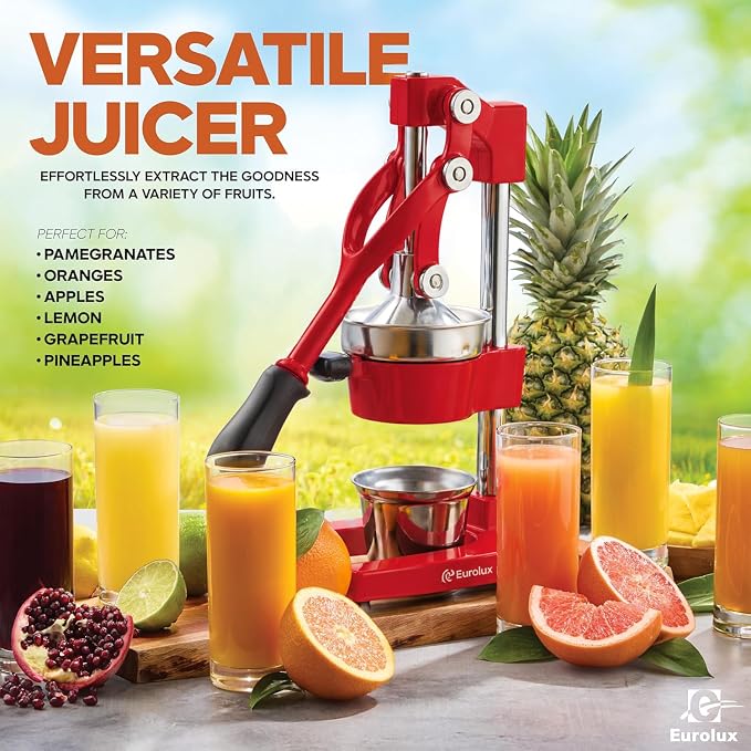 Eurolux Ultra-Premium Cast Iron Juicer | Extra-Large, Heavy Duty, Commercial Grade, Stainless Steel Manual Hand Press Citrus Squeezer For Fresh Orange Juice, Pomegranate, Lemon, and Much More (Red)