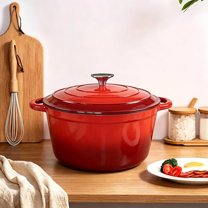 6 Quart Enameled Cast Iron Dutch Oven with Lid, Heavy Duty Cast Iron Pot for Braising, Stews, Roasting, Soup, Casseroles & Bread Baking, Nonstick Enamel Interior, Oven Safe to 500°F
