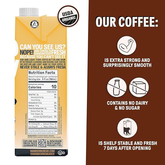 Wandering Bear Organic Caramel Cold Brew Coffee - Strong, Bold, Smooth, Unsweetened, Shelf-Stable, Ready to Drink, Gluten Free, & Vegan Iced Cold Brewed Coffee Drink - 32 fl oz, 3 pack