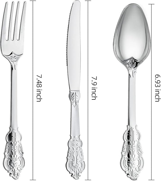 N9R 300PCS Silver Plastic Silverware, Heavy Duty Plastic Cutlery for Parties, Fancy Disposable Flatware Set Includes 100 Forks, 100 Spoons, and 100 Knives, Perfect for Weddings, Dinners, Picnics