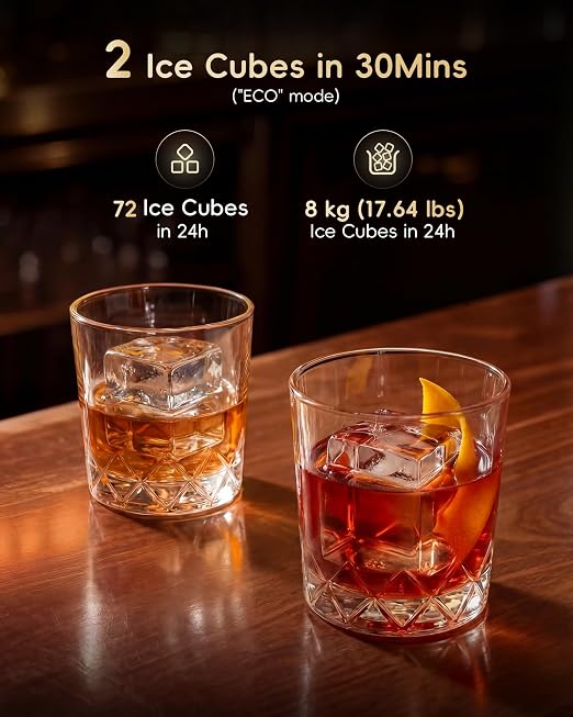 ecozy 2" Large Ice Cube Maker with CrystalFlux Technology, 2 pcs in 30 Mins with Eco Mode, 72 pcs/Day, 24H Timer, Clear Square Ice Machine with Self-Cleaning, Enhanced Insulation for Whiskey Bar | Square Ice 72 pcs / Day, Self-Cleaning for Whiskey Bar