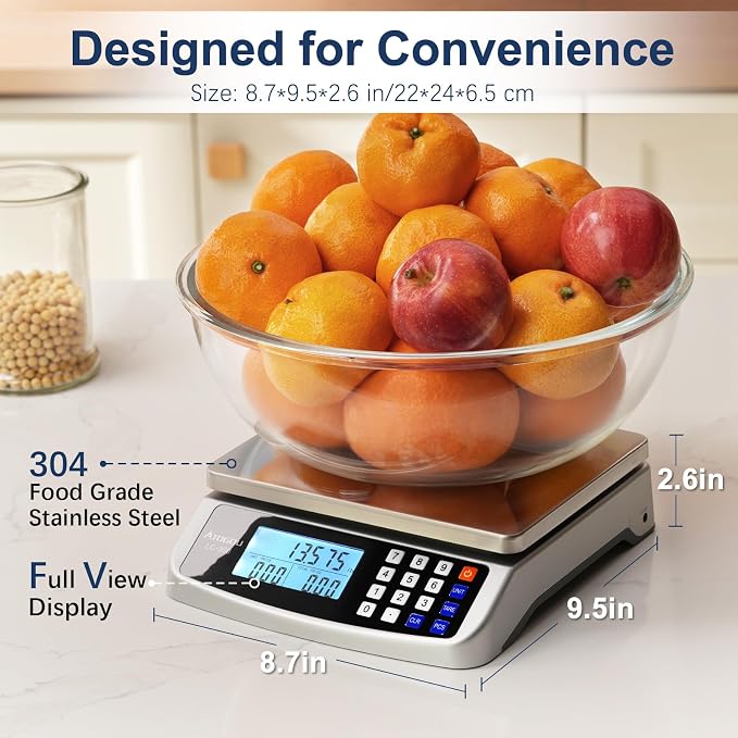 Atogou 110lb Food Scale, Commercial Kitchen Scale with Price Computing, Plug-in Usable, 0.05oz/1g, 304 Stainless Steel, for Cooking, Vegetables, Farm, Industry, Counting. LC300 Silver