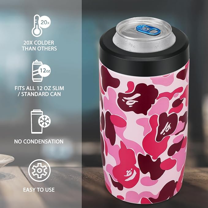 4-in-1 Slim Can Cooler Easy to Hold Insulated Beer Can Holder Double-walled Stainless Steel for All 12 Oz Cans (Camouflage Pink)