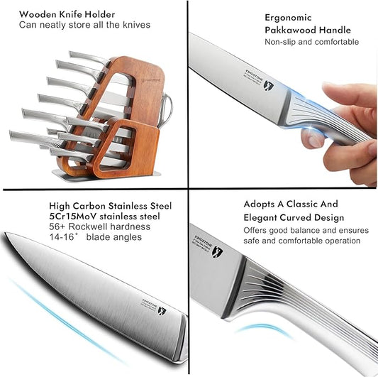 KINGSTONE Kitchen Knife Set with Block,14 Pcs German Stainless Steel Knife Set with Built-in Sharpener, Dishwasher Safe Knife Block Set (walnut, 14pcs)