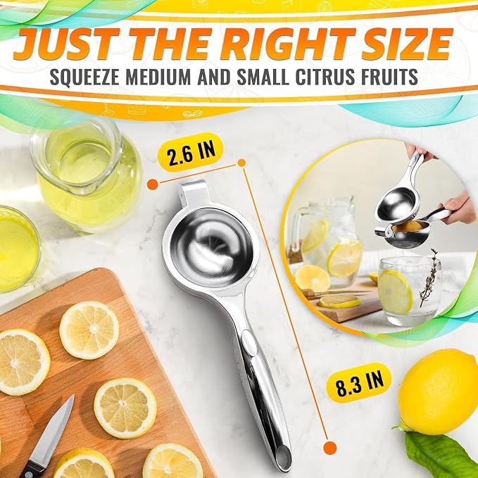 Stainless Steel Lemon Squeezer, 8.3 Inch Manual Hand Juicer (Silver) | Citrus Press with Built-In Seed Strainer, Juices Limes and Oranges for Cocktail Mixing, Corrosion-Resistant, Dishwasher Safe