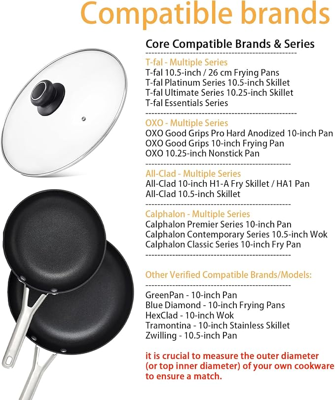 10 Inch Pan Lid - Tempered Glass Lids for Frying Pan, Skillets & Pots | Clear Universal Cookware & Bakeware Lids with Heat Resistant Handle