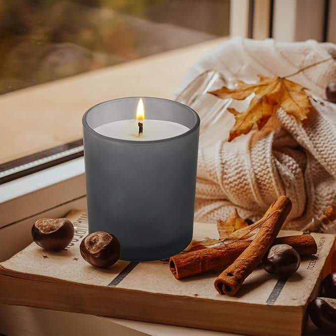 SHOWIN 14 OZ Thick Candle Jars for Making Candles 12 Pcs, 3 Wick Empty Jars with Wood Lids for Candle Making, Sample Container, Frosted Grey