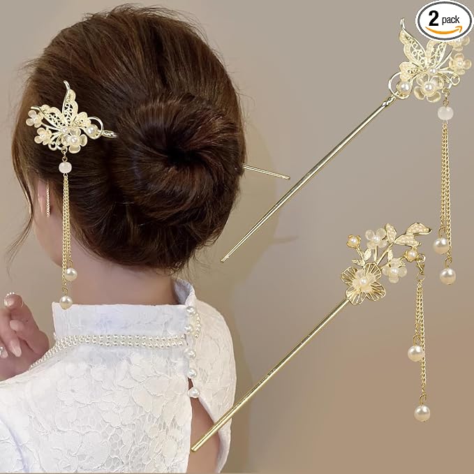 2Packs Lily of the Valley Chinese Hair Sticks for Buns, Pearl Flower Vintage Metal Hair Chopsticks for Women and Girls Dangle Tassel Pendant Accessories Hanfu Handmade Decor Hairpin (pearl white)