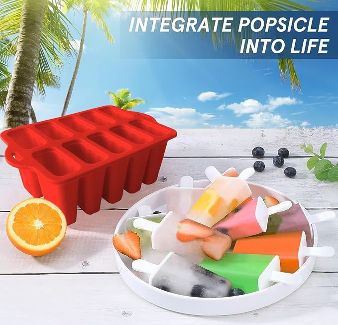 Easy Release Popsicles Molds, 10-Cavity Silicone Popsicle Molds with Sticks, Popsicle Maker Mold Set, BPA Free Homemade Ice Pop Mold for Kids, Toddlers, Adults