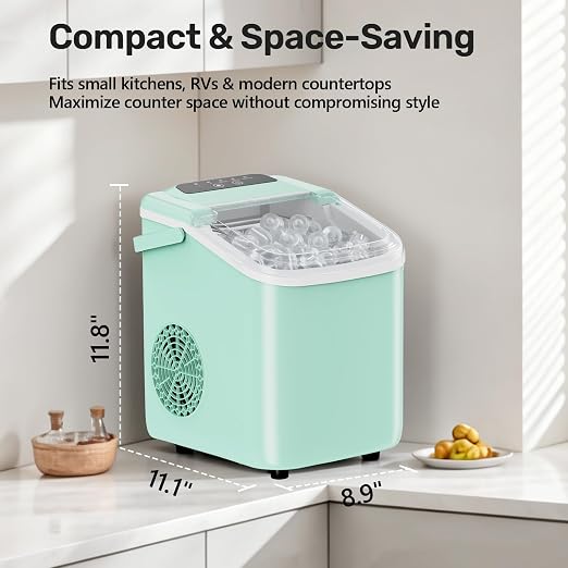 OLIXIS Countertop Ice Maker with Self-Cleaning, Portable Ice Maker Machine with Scoop, 26Lbs/24H, 9 Cubes in 6 Mins, 2 Sizes of Bullet Ice for Home, Kitchen, Office, Green