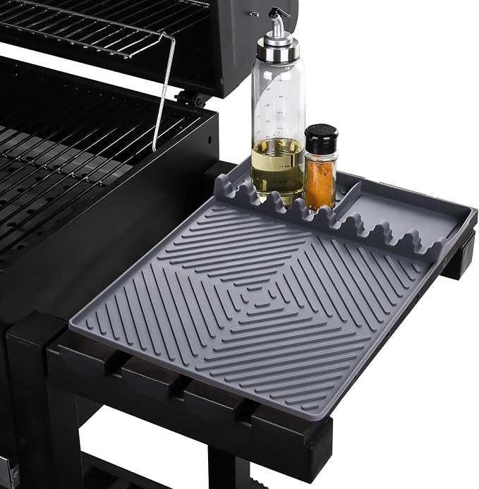 Find law Silicone Tools Mat for Griddle & Kitchen Countertop | Grey Side Shelf Spatula Mat with Drip Pad for Blackstone Weber Traeger Pit Boss Flat Top Grill Smoker, BBQ Gifts for Men
