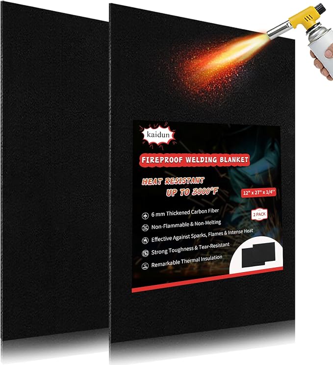 kaidun 1/4" (6mm) 12" x 27" Welding Blanket Fireproof, Up to 3000°F, 2 Pack | High Temp, Block Sparks & Slag, Flame Retardant, Heat Insulation, Fire Blanket, Heat Shield Mat for Soldering Plumbing Grill