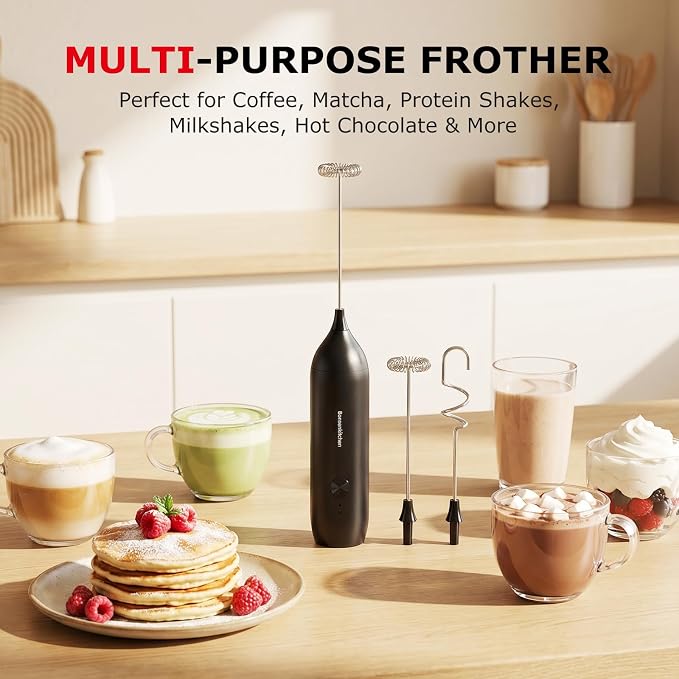 Bonsenkitchen Rechargeable Milk Frother Handheld, Electric Foam Maker with Stainless Steel Whisk, Charging USB-C, Portable Hand Wand Drink Mixer for Coffee Matcha Lattes Cappuccino, Kitchen Gifts