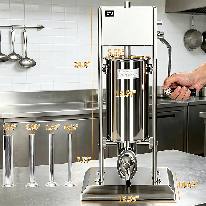 CTJ Sausage Stuffers Stainless Steel Sausage & Churro Maker 5L/11Lb,Silver | Manual 2 in 1 Sausage Stuffer & Churro Maker, 2-Speed Adjustable Vertical Sausage Maker, 4 Stuffing Tubes & Churros Nozzle