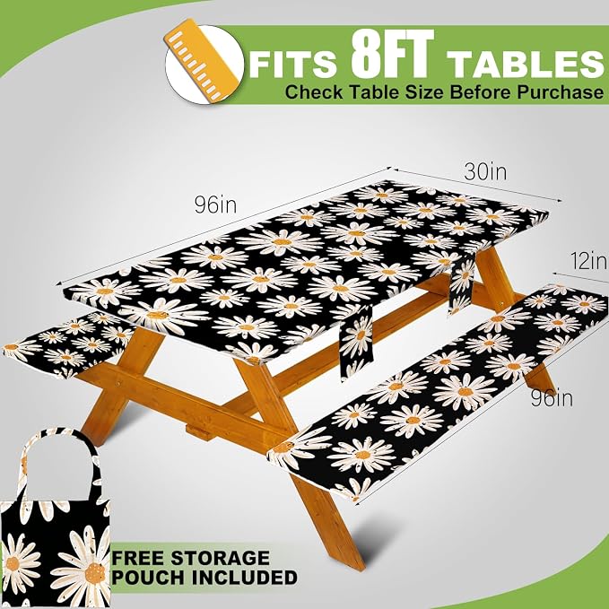 Fitted Picnic Table Cover with Bench Covers, Windproof Vinyl Table Cloths Outside Camping Cooking Backyard Furniture Seat Cushion Tablecloth Activities Party Decor Decorations Para Acampar Equipment