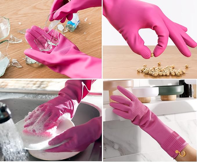Myungjin 2 Pairs Reusable Waterproof Non-Slip Honeycomb Grip Latex Rubber Gloves with Hang-Dry Hooks/Hanging Loops for Dishwashing Household Cleaning Cooking (Small)