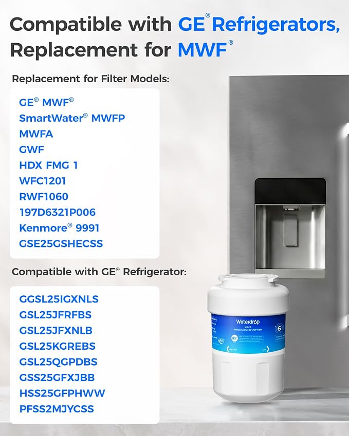 Waterdrop WD-F13 Refrigerator Water Filter, Replacement for GE® MWF® | Replacement for SmartWater® MWFP, MWFINT, MWFA, GWF, HDX FMG-1, Kenmore® 9991, GSE25GSHECSS, WFC1201