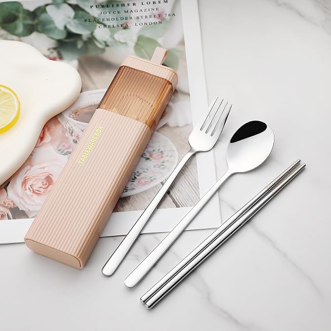 DEVICO Travel Utensils with Case, 4Pcs Korean Chopsticks Fork and Spoon Set | 18/8 Stainless Steel Portable Cutlery Set, Reusable Silverware for Lunch Box/Camping/Work/School, Dishwasher Safe, Pink