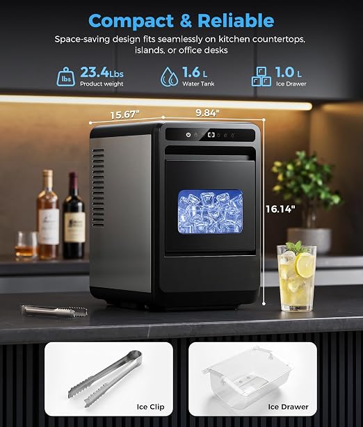Clear Ice Cube Maker - 8 Crystal 1.2" Large Jelly Ice in 20Mins, 24H Timer, Full Bin &Water Shortage Alert, Self-Cleaning, with 10 Adjustable Ice Sizes for Home Whiskey, Cocktails, and Bourbon