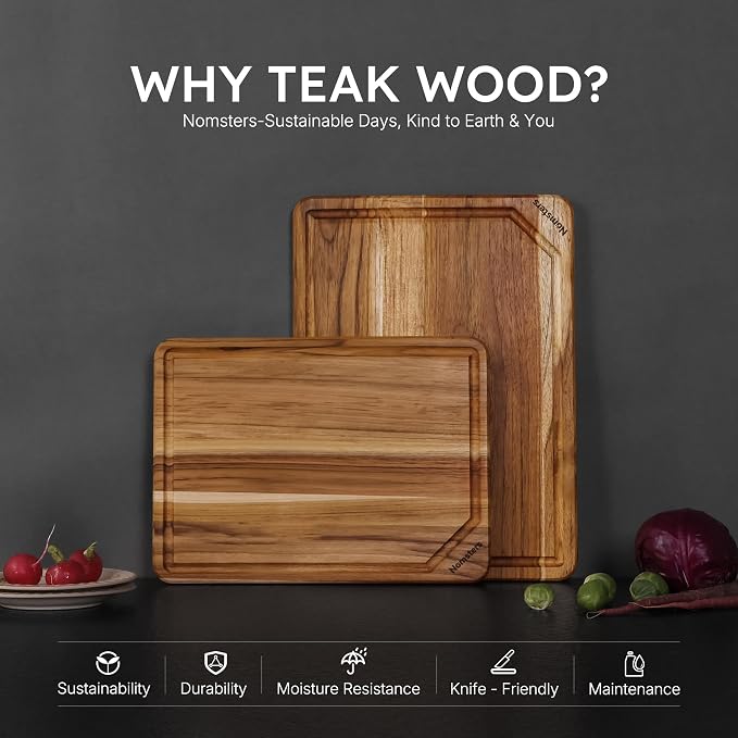 2 Pack Teak Cutting Boards for Kitchen Wood Wooden Cutting Board Non Slip | Non Toxic, Over Sink, NOT Bamboo Stainless Steel Titanium Acrylic Acacia Olive, Space-Saving, Best Kitchen Gift for Mom