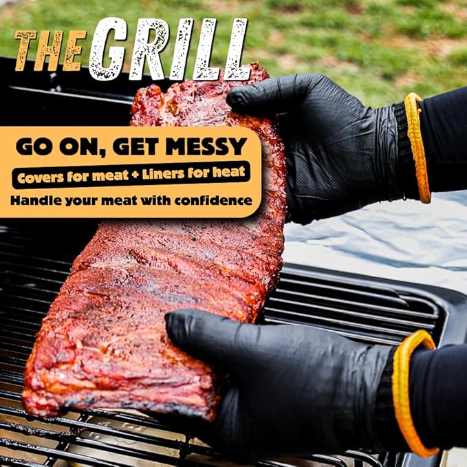 Grilling Glove Kit – Thermal Knit Liners Made in the USA – Diamond Textured Nitrile Covers – Oven Mitts for BBQ, Smoking Meat, and Barbecue Food Prep