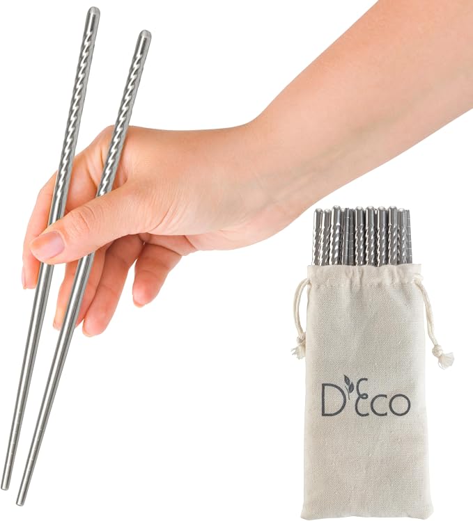 D'Eco Reusable Metal Chopsticks (8 Pairs)- Stainless Steel Twist Apart Silver Chopsticks & Travel Pouch- Lightweight, Durable, Dishwasher Safe- Great for Chinese Japanese Cuisine- On the Go Silverware