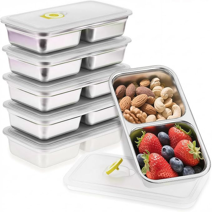 Stainless Steel Snack Containers, 6-Pack Reusable Grab and Go Containers with Lids, Dual Compartment Bento Box for Travel, Camping & Lunch Prep (Yellow)