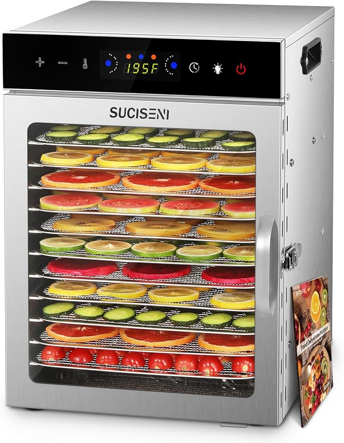 Food Dehydrator Machine 12 Stainless Steel Trays 1000W Meat Dehydrator for Home Use, 24H Timer & 195℉ Temperature Control Food Dryer for Jerky Fruit Herbs Mushroom Dog Treats