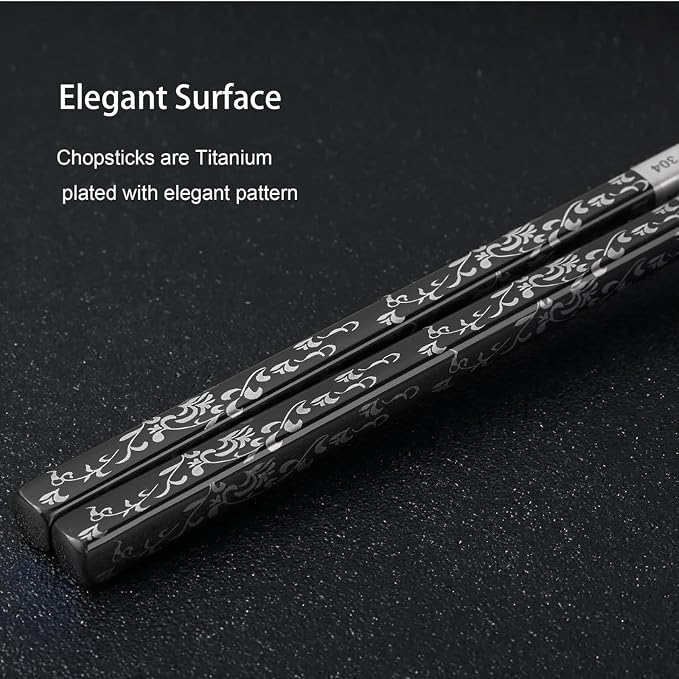 Stainless Steel Chopsticks 2 Pairs: Metal Titanium Plated Chopstick Set,Dishwasher Safe,Non-Slip,Laser Engraved,Gift Box Packaging,Japanese Chinese Korean chop Sticks for Cooking Eating