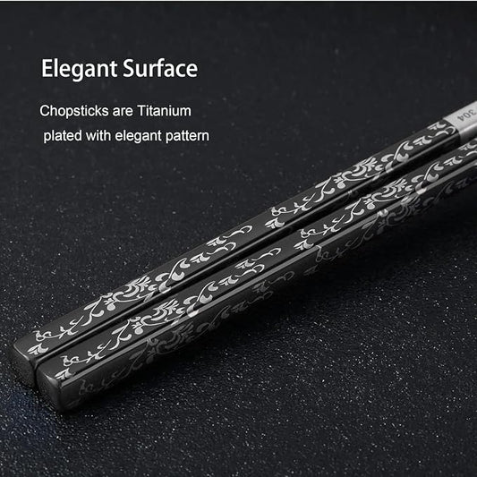 Stainless Steel Chopsticks 2 Pairs: Metal Titanium Plated Chopstick Set,Dishwasher Safe,Non-Slip,Laser Engraved,Gift Box Packaging,Japanese Chinese Korean chop Sticks for Cooking Eating