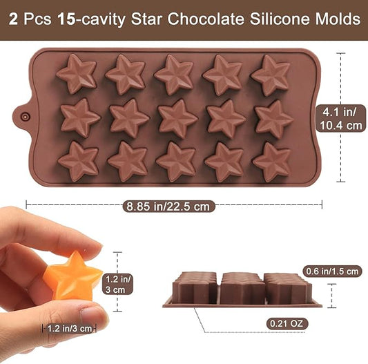 Small Star Chocolate Molds Silicone, Food Grade Silicone Candy Molds for Bite Size Gummy/Jelly/Fruit Snacks, 15 Cavities Mini Star Mold for Soap/Candle/Wax Melt, 2 Pcs