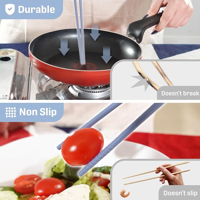 Reusable Long Silicone Cooking Chopsticks with Spoon 12 Inches 2 Pairs Set, Dishwasher Safe, BPA-free Non-Slip, Non-Scratch, Korean Japanese Kitchen Utensils (Pastel Grey 2 Set)