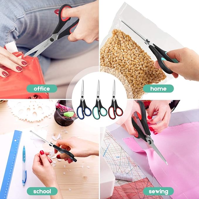 iBayam 8.5" Heavy Duty Scissors All Purpose for Office School Crafts Sewing | 3-Pack, Ultra-Sharp 2.5mm Stainless Blades, Comfort Grip Handles, Left & Right Handed – Teacher Desk & Classroom Must-Have