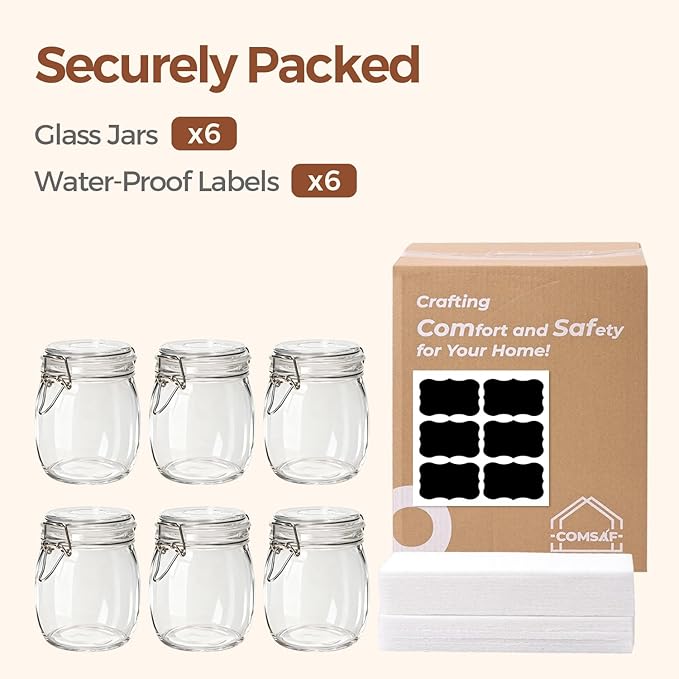 ComSaf 25oz Airtight Glass Canisters with Lids Set of 6, Round Food Storage Jar Container with Clamp Lids for Kitchen Canning Cereal Coffee Pasta Sugar Beans Spice, Clear Mason Jars with 12 Labels