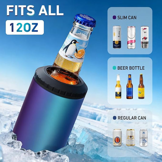 3 in 1 Slim Can Cooler for 12 OZ Skinny Can, Regular Can & Beer Bottle - Keep Cold for 6 Hours - Double Walled Insulated Stainless Steel Vacuum Beverage Insulator (Aurora)