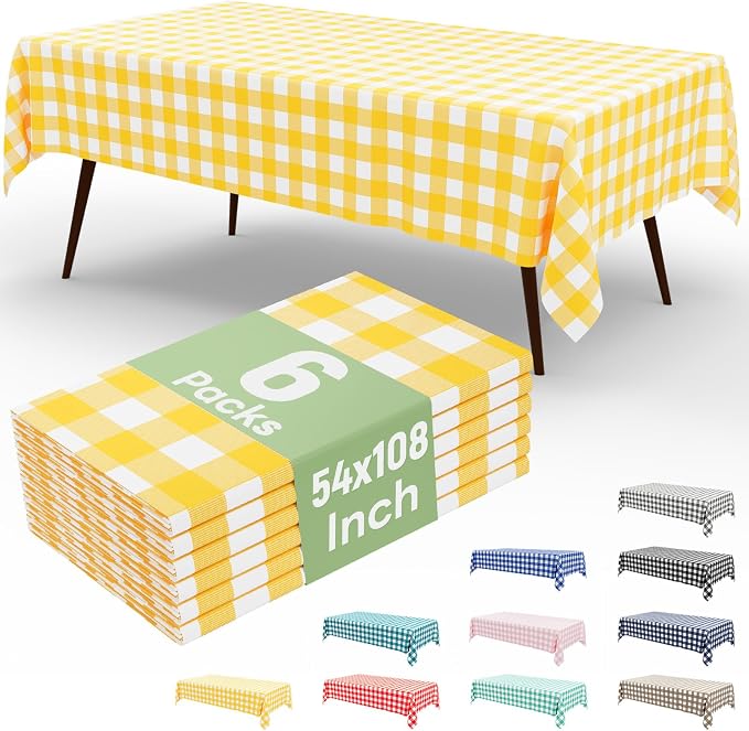 6 Packs Buffalo Disposable Table Cloth, 54 x 108 Inch Waterproof Plastic Tablecloth, Rectangle Yellow and White Checkered Table Covers for Picnic, Birthday, Party, Back to School