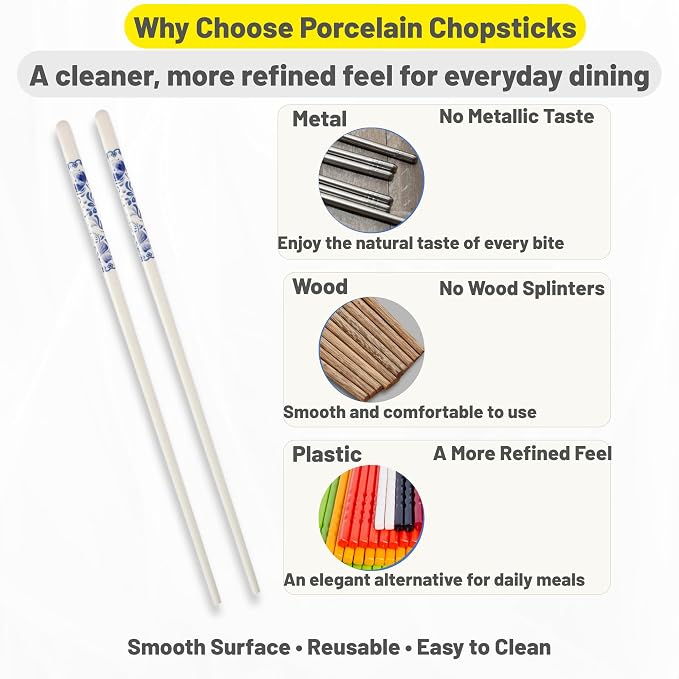 Porcelain Chopsticks Set of 5 Pairs, Reusable Bone Ceramic Chopsticks, Dishwasher Safe, Non-Slip Design, Elegant Gift Box for Family or Restaurant Use (Camellia)