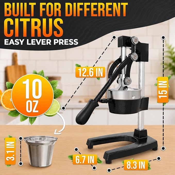 Cast Iron Juicer Hand Press, Heavy-Duty Squeezer, 304 Stainless Steel Bowl – One Pull Extracts Full Juice – Manual Citrus Press Juicer & Orange Squeezer for Lemon, Lime & Lemonade at Home Bar (Black)