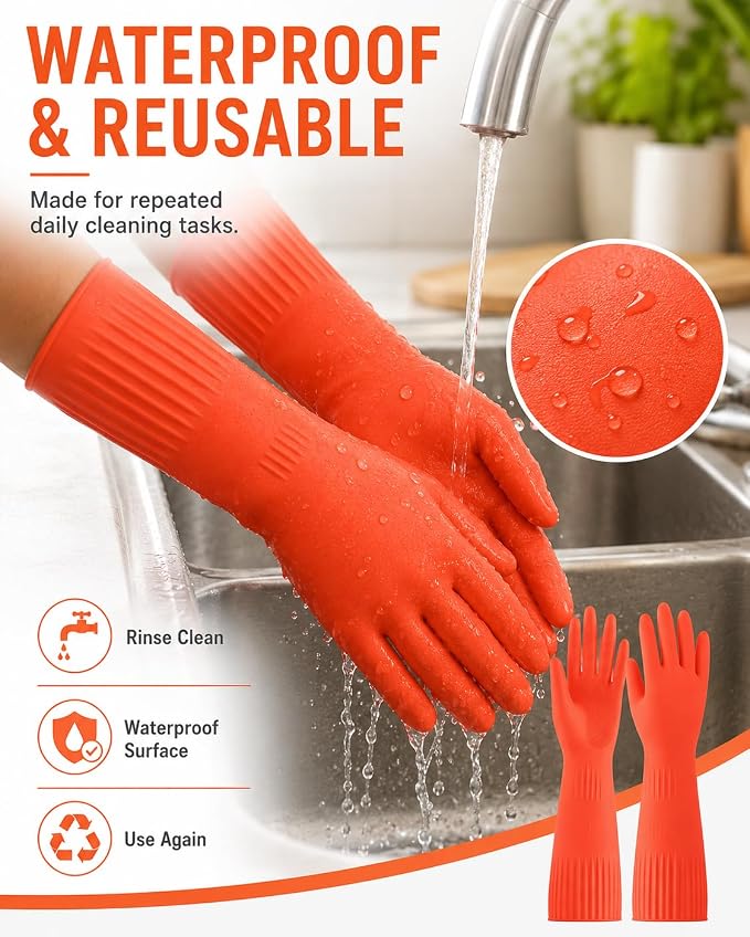 Disfore Rubber-Gloves Dishwashing Gloves for Cleaning-Kitchen - 2 Pairs Long Household Cleaning Gloves for Washing Dishes
