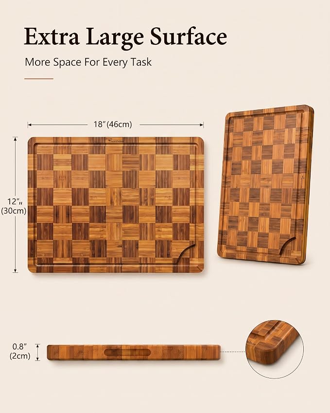 Brown Bamboo Cutting Board 18" x 12", Heavy Duty Checkered End Grain Butcher Block for Kitchen, Wooden Chopping Board with Deep Juice Grooves and Handles for Meat, Vegetables, Dough and Meal Prep