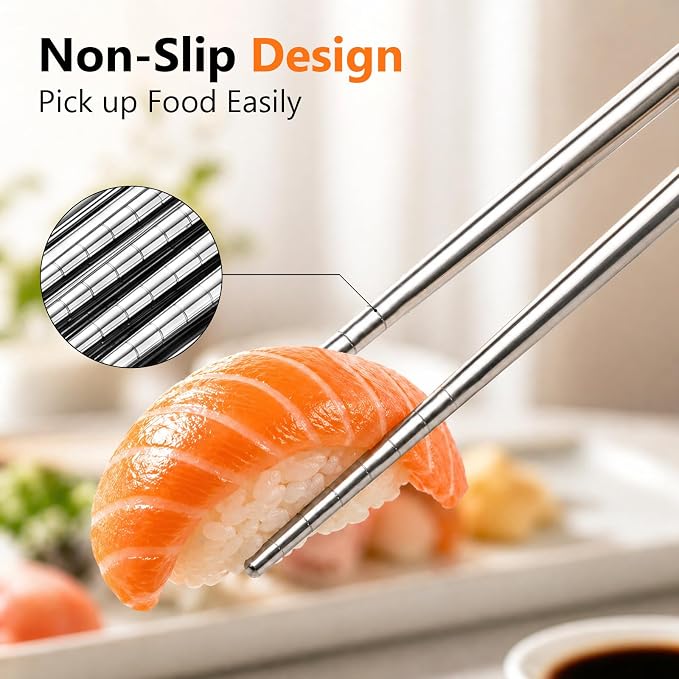 Metal Chopsticks 6 Pairs - Reusable 304 Stainless Steel Chopsticks Dishwasher Safe, Non-Slip Lightweight Chop Sticks, Korean Japanese Chinese Chop Sticks Gift Set (Silver)
