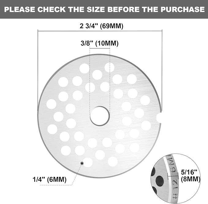 #12 Meat Grinder Plate 6mm, Heavy Duty Stainless Steel | Fits #12 grinders & makes 6mm grind, Rustproof stainless steel, For coarse sausage & burger, Heavy duty for home use.