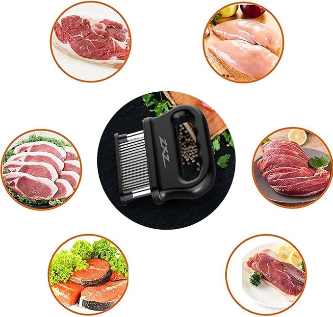 ZXZ Meat Tenderizer, 48 Stainless Steel Blades for Beef Steak Chicken | 48 sharp stainless steel needles; auto-retractable safety cover; fast marinating; for pork fish turkey; dishwasher safe