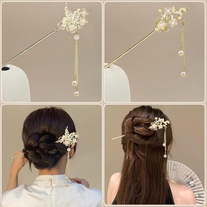 2Packs Lily of the Valley Chinese Hair Sticks for Buns, Pearl Flower Vintage Metal Hair Chopsticks for Women and Girls Dangle Tassel Pendant Accessories Hanfu Handmade Decor Hairpin (pearl white)