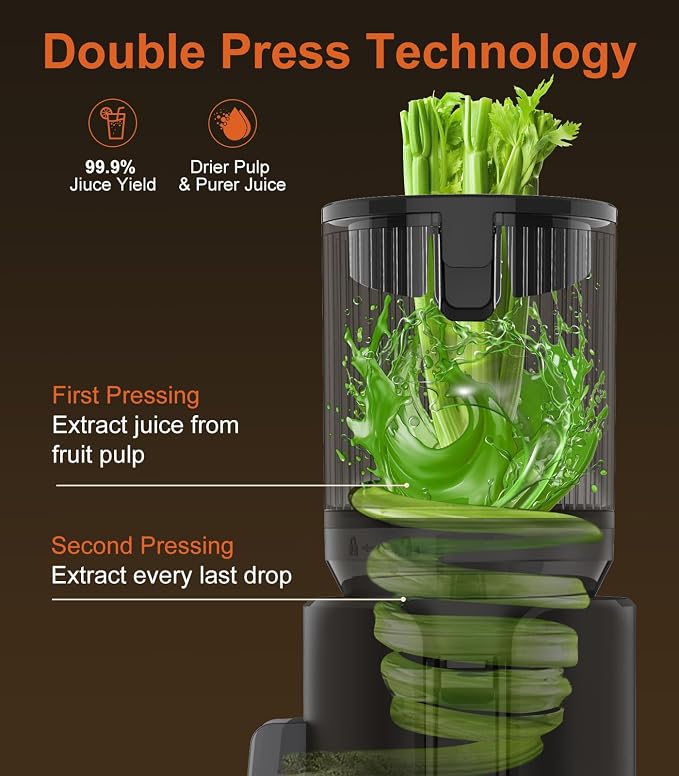 Juicer Machines, Cold Press Juicer with Double Press Technology, Large Feed Chute, 400W Motor, High Juice Yield, Easy to Clean, Masticating Juicer for Whole Vegetables & Fruits, Dark Black