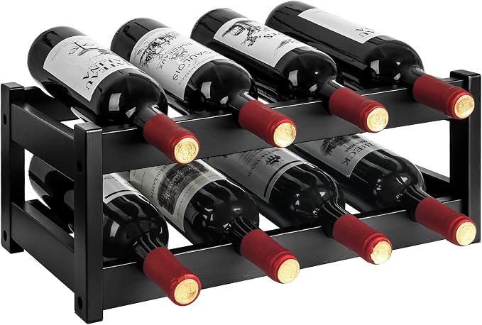 VASMIA Bamboo Wine Rack, 2-Tier Wine Racks Countertop Cabinet Wine Holder Wine Storage Shelf for Pantry Kitchen Bar Black