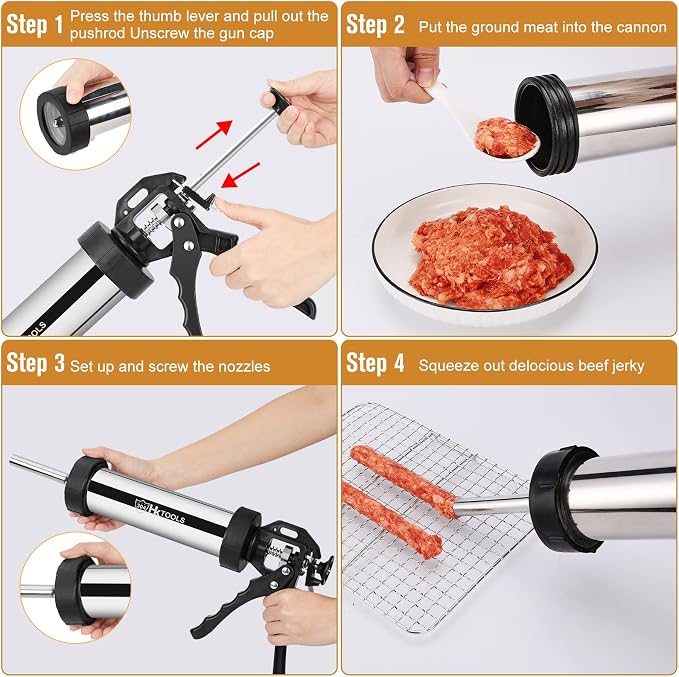 4rd Gen 2.1LB Jerky Gun Kits, Jerky Maker Gun, Beef Jerky Gun, Stainless Steel Sausage Stuffer Jerky Making Gun with 5 Stainless Nozzles, 2 Cleaning Brushes, 1 Stomper
