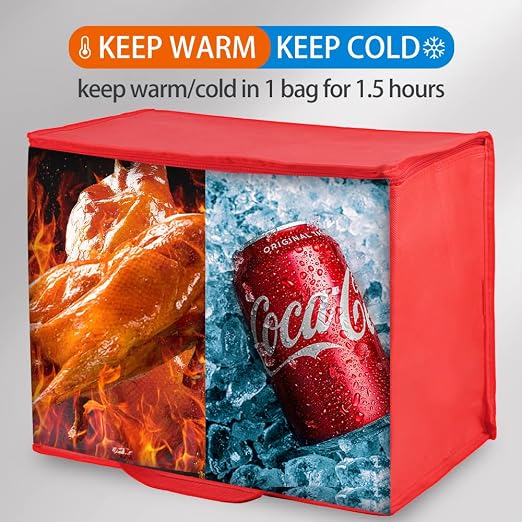 Bodaon 1-Pack Insulated Reusable Grocery Shopping Bags, X-Large Picnic Cooler Bag with Top Cold, Insulated Food/Pizza Delivery Bag (Red)